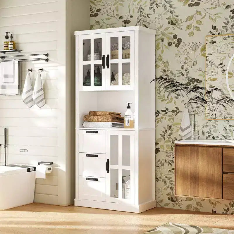 Mobiletto Alto per Bagno con Ante in Vetro e Cassetti per Asciugamani e Articoli da Toeletta