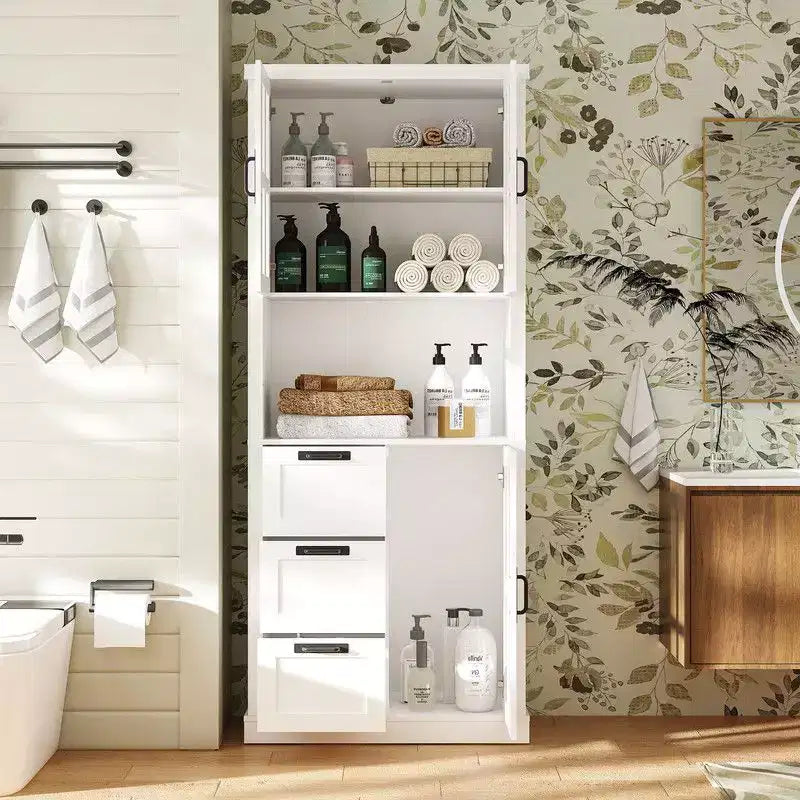 Mobiletto Alto per Bagno con Ante in Vetro e Cassetti per Asciugamani e Articoli da Toeletta
