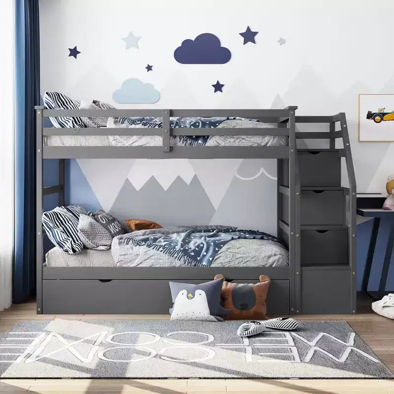 Letto a Castello Gemello su Gemello con Letto Estraibile e Scaletta Contenitore, Sponde di Sicurezza a Tutta Lunghezza
