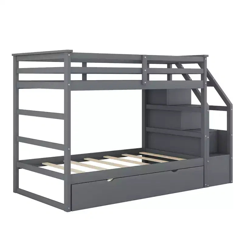 Letto a Castello Gemello su Gemello con Letto Estraibile e Scaletta Contenitore, Sponde di Sicurezza a Tutta Lunghezza