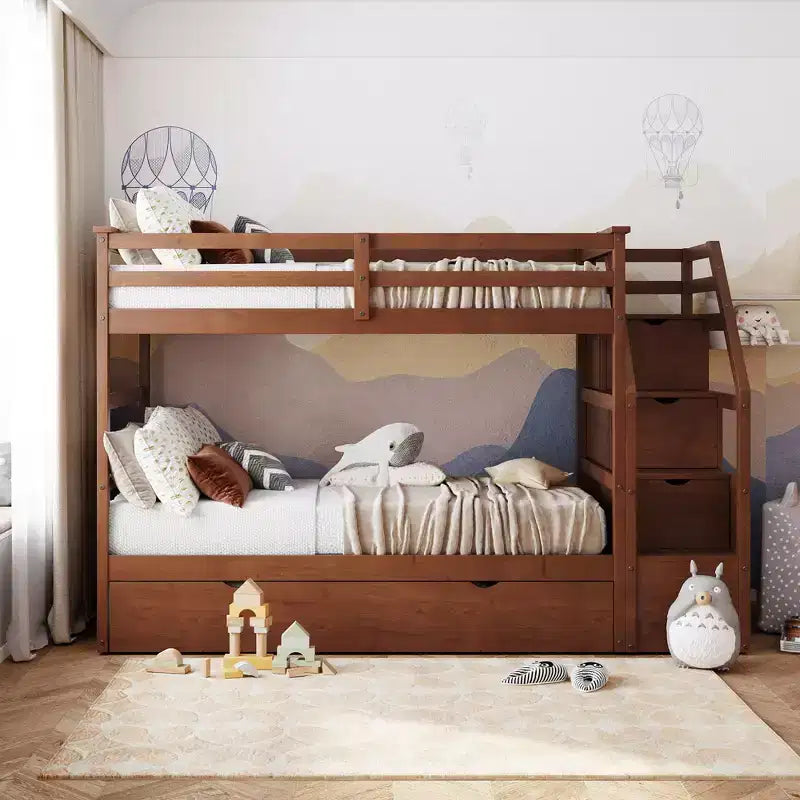 Letto a Castello Gemello su Gemello con Letto Estraibile e Scaletta Contenitore, Sponde di Sicurezza a Tutta Lunghezza