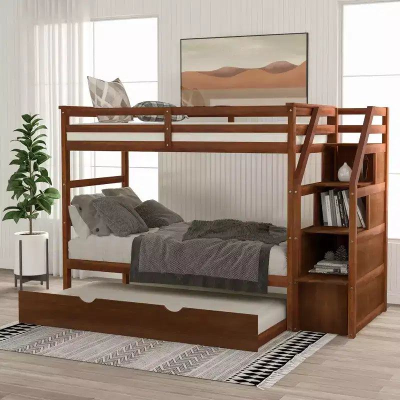 Letto a Castello Gemello su Gemello con Letto Estraibile e Scaletta Contenitore, Sponde di Sicurezza a Tutta Lunghezza