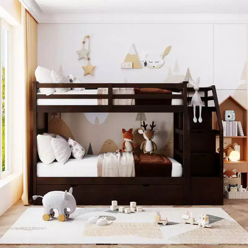 Letto a Castello Gemello su Gemello con Letto Estraibile e Scaletta Contenitore, Sponde di Sicurezza a Tutta Lunghezza