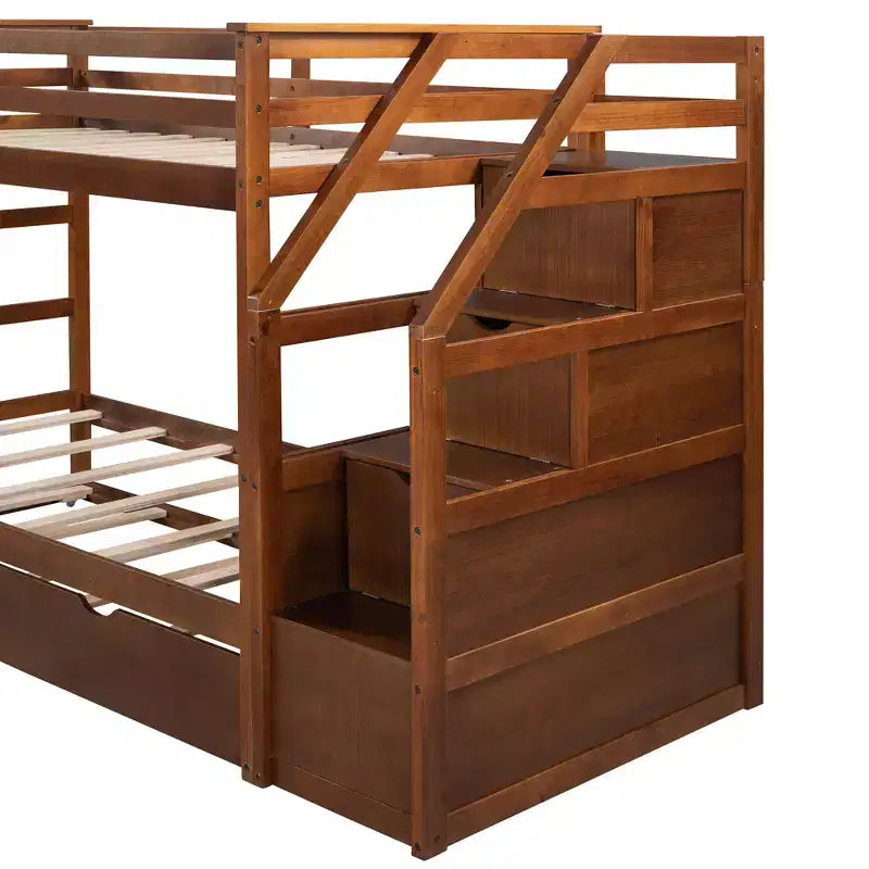 Letto a Castello Gemello su Gemello con Letto Estraibile e Scaletta Contenitore, Sponde di Sicurezza a Tutta Lunghezza
