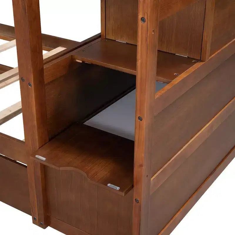 Letto a Castello Gemello su Gemello con Letto Estraibile e Scaletta Contenitore, Sponde di Sicurezza a Tutta Lunghezza