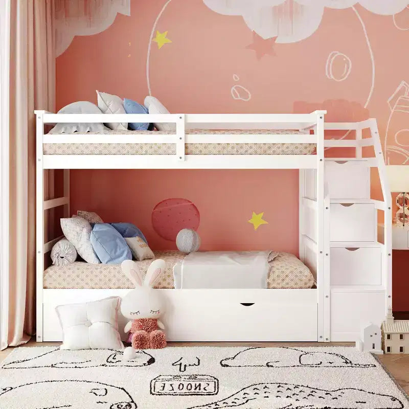 Letto a Castello Gemello su Gemello con Letto Estraibile e Scaletta Contenitore, Sponde di Sicurezza a Tutta Lunghezza