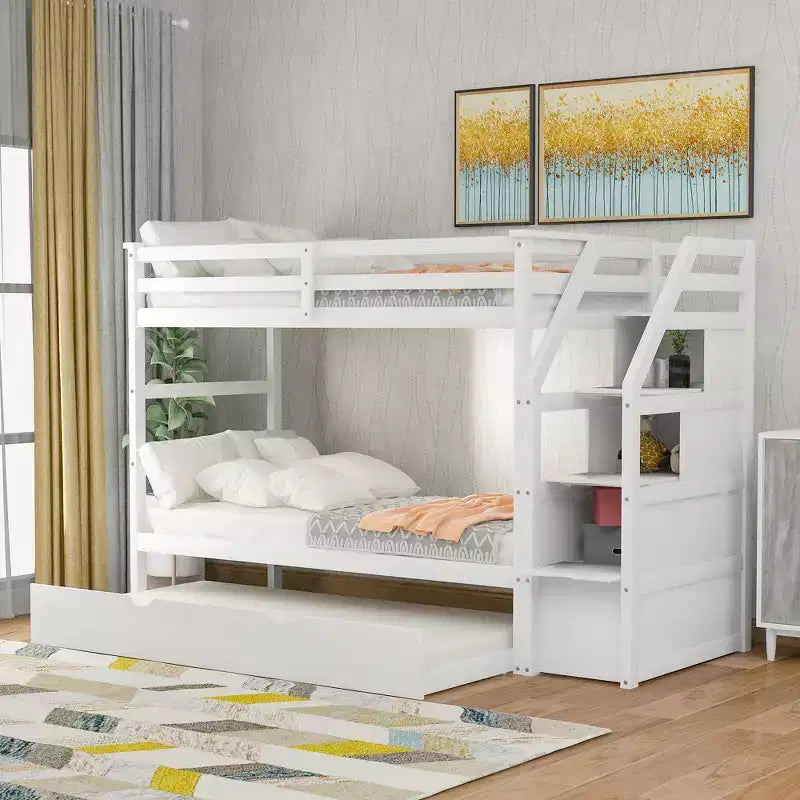 Letto a Castello Gemello su Gemello con Letto Estraibile e Scaletta Contenitore, Sponde di Sicurezza a Tutta Lunghezza