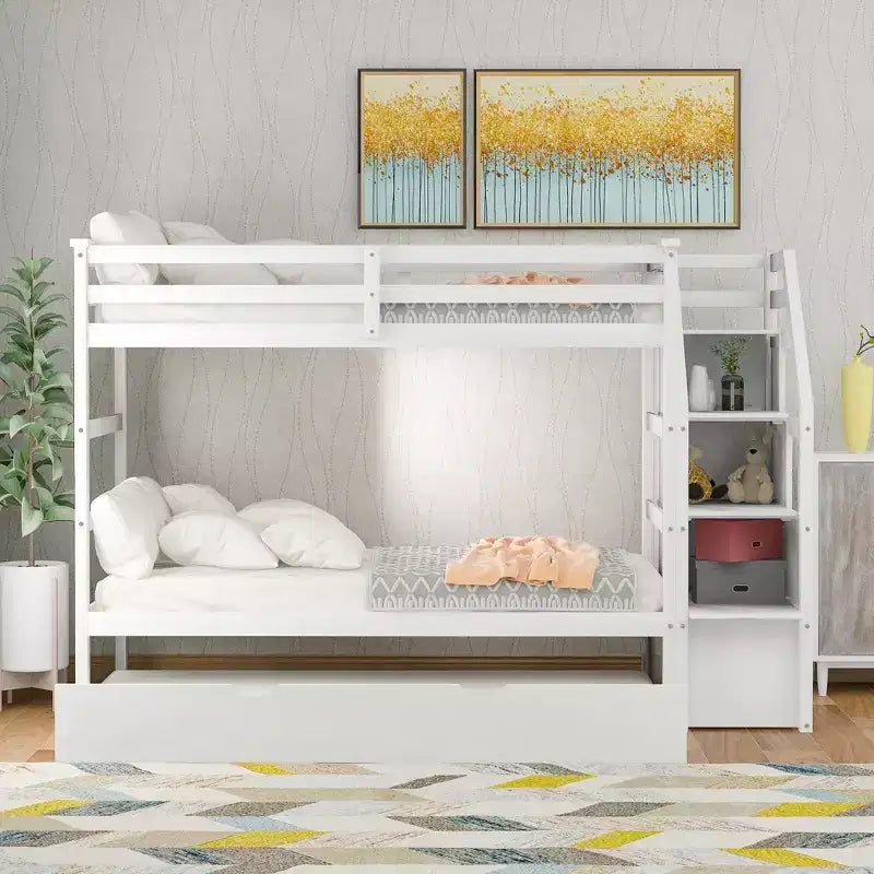 Letto a Castello Gemello su Gemello con Letto Estraibile e Scaletta Contenitore, Sponde di Sicurezza a Tutta Lunghezza