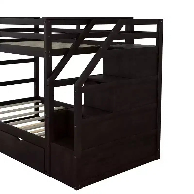 Letto a Castello Gemello su Gemello con Letto Estraibile e Scaletta Contenitore, Sponde di Sicurezza a Tutta Lunghezza