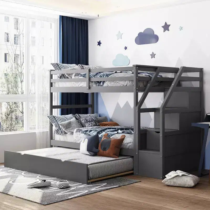 Letto a Castello Gemello su Gemello con Letto Estraibile e Scaletta Contenitore, Sponde di Sicurezza a Tutta Lunghezza