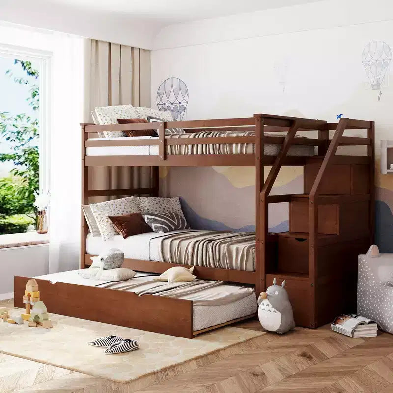 Letto a Castello Gemello su Gemello con Letto Estraibile e Scaletta Contenitore, Sponde di Sicurezza a Tutta Lunghezza