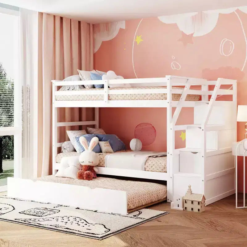 Letto a Castello Gemello su Gemello con Letto Estraibile e Scaletta Contenitore, Sponde di Sicurezza a Tutta Lunghezza
