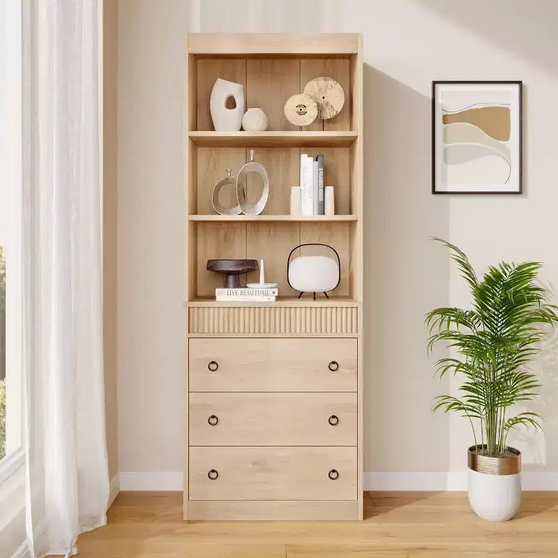 Libreria a colonna scanalata da 71" con 3 cassetti e 3 ripiani aperti, design ondulato, alta