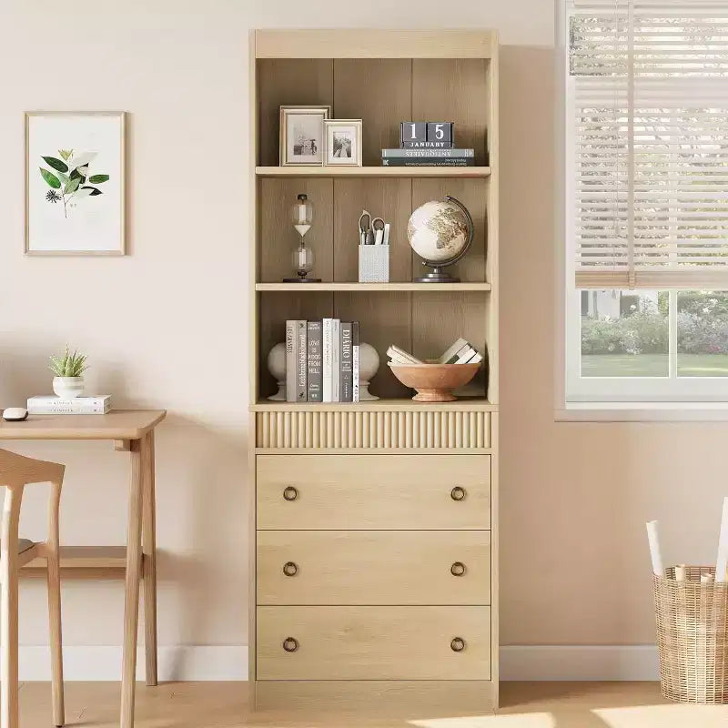 Libreria a colonna scanalata da 71" con 3 cassetti e 3 ripiani aperti, design ondulato, alta