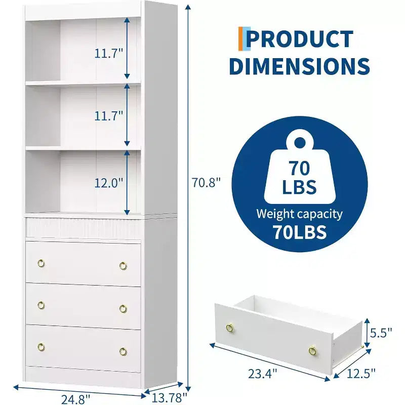Libreria a colonna scanalata da 71" con 3 cassetti e 3 ripiani aperti, design ondulato, alta