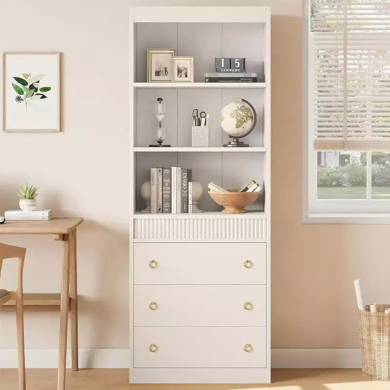 Libreria a colonna scanalata da 71" con 3 cassetti e 3 ripiani aperti, design ondulato, alta