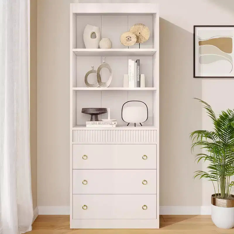 Libreria a colonna scanalata da 71" con 3 cassetti e 3 ripiani aperti, design ondulato, alta