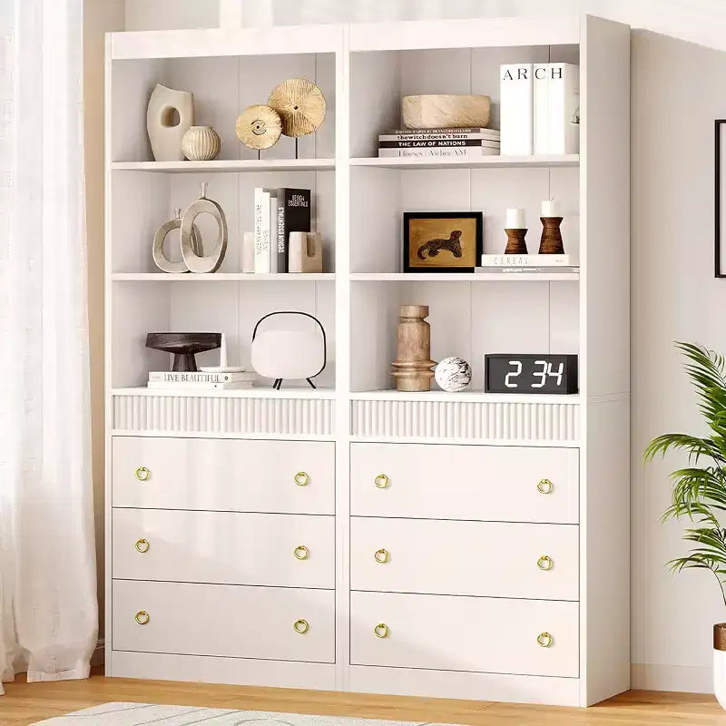 Libreria a colonna scanalata da 71" con 3 cassetti e 3 ripiani aperti, design ondulato, alta