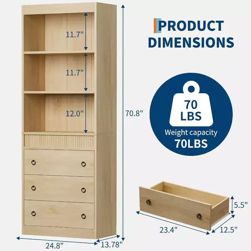 Libreria a colonna scanalata da 71" con 3 cassetti e 3 ripiani aperti, design ondulato, alta