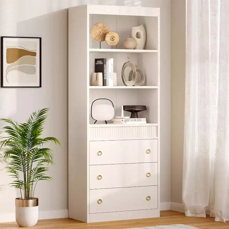 71 Fluted Bookcase with 3 Drawers & 3 Open Shelves, Waved Design Tall Bookshelf for Living Room and Home Office