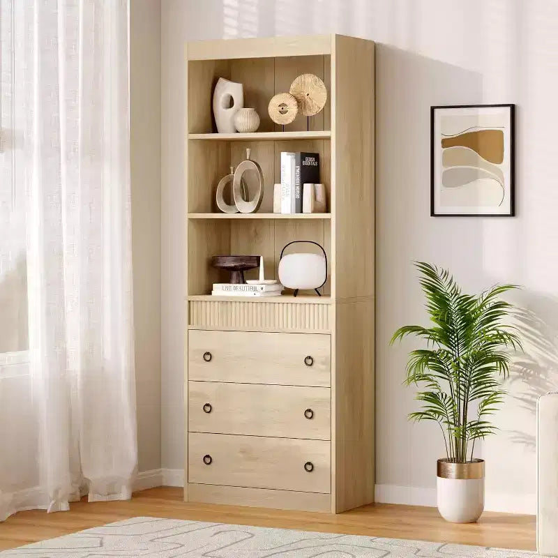 Libreria a colonna scanalata da 71" con 3 cassetti e 3 ripiani aperti, design ondulato, alta