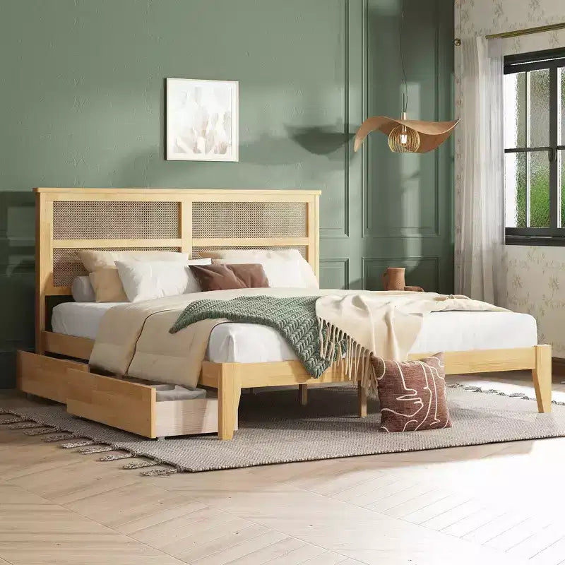 Bellemave King Wood Bed Frame with Rattan Headboard, 2 Storage Drawers, Heavy-Duty Support Slats & Reinforced Feet, White Oak