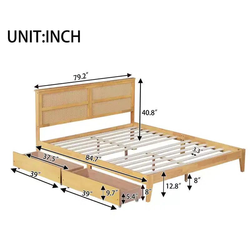 Struttura Letto King in Legno con Testiera in Rattan e 2 Cassetti Contenitore, Rovere Bianco