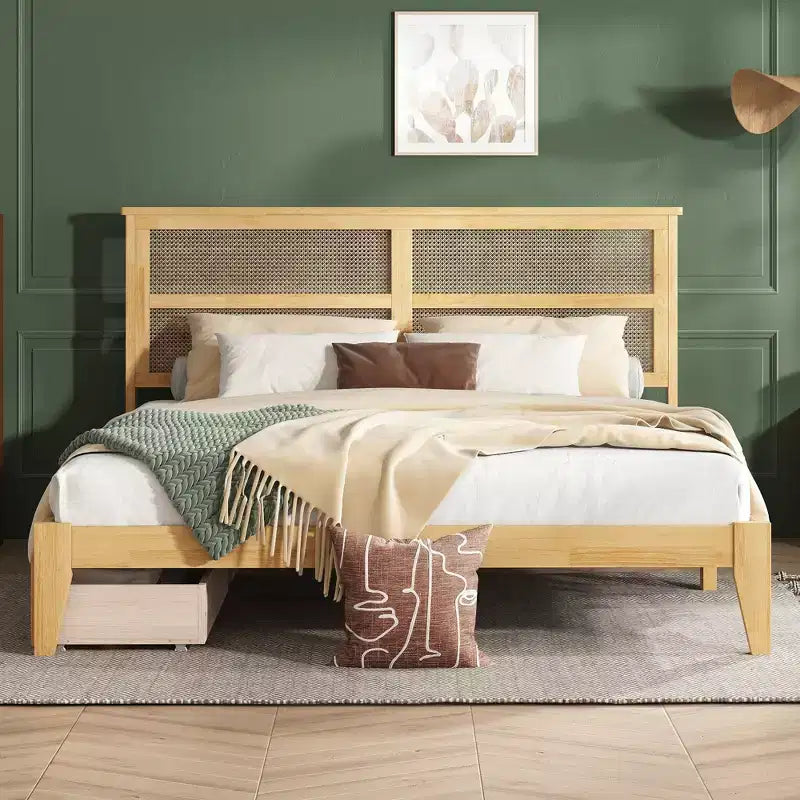 Struttura Letto King in Legno con Testiera in Rattan e 2 Cassetti Contenitore, Rovere Bianco