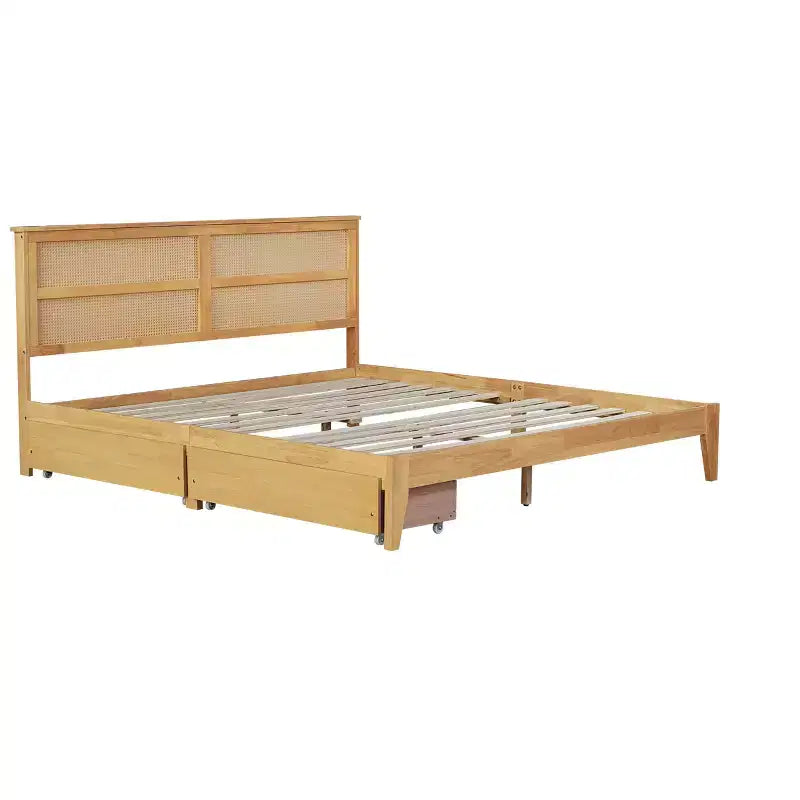 Struttura Letto King in Legno con Testiera in Rattan e 2 Cassetti Contenitore, Rovere Bianco