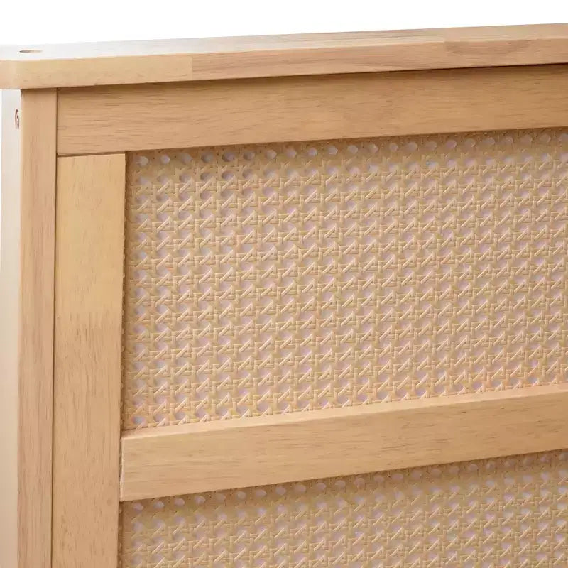 Struttura Letto King in Legno con Testiera in Rattan e 2 Cassetti Contenitore, Rovere Bianco