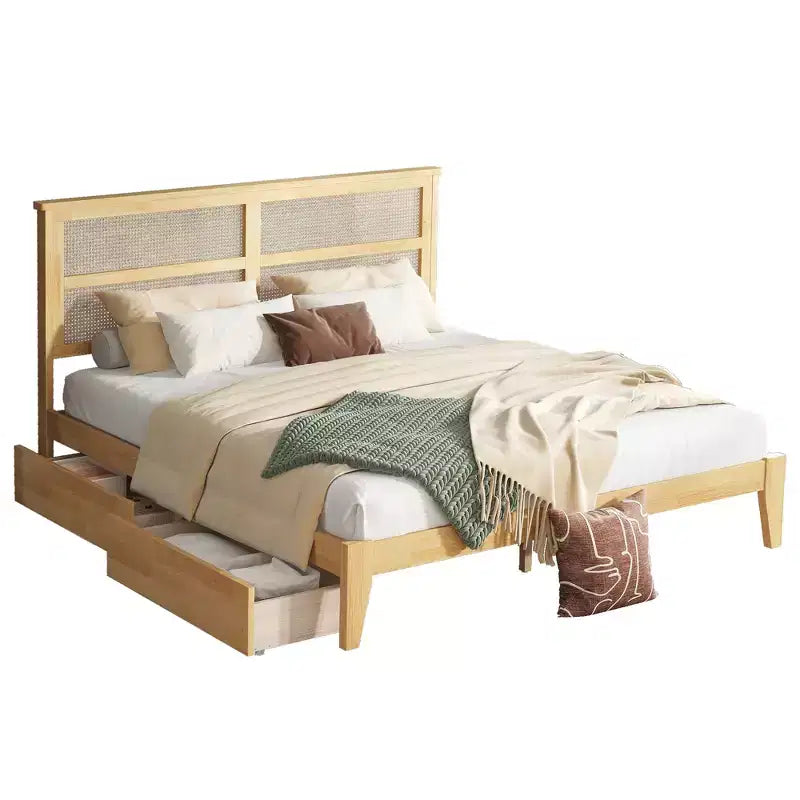 Struttura Letto King in Legno con Testiera in Rattan e 2 Cassetti Contenitore, Rovere Bianco