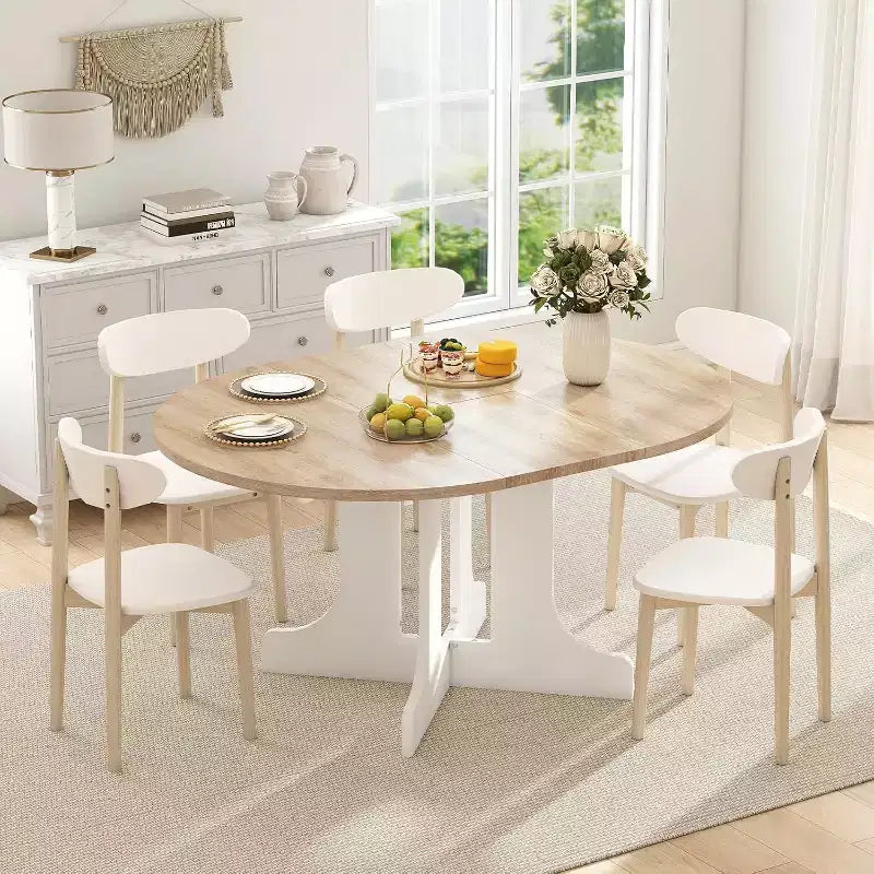 Zevemomo43-59 Expandable Dining Table, for 4-6, with Removable Leaf, Trestle X-Shaped Base & Metal Track for Dining Room, Living Room-Oak