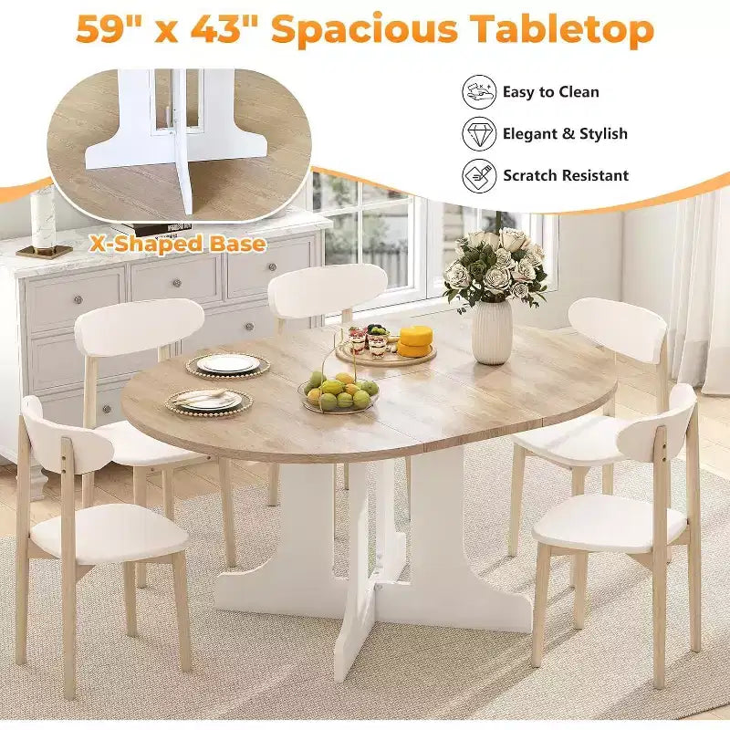 Tavolo da pranzo allungabile da 43-59" per 4-6 persone con prolunga rimovibile e base a X, Rovere