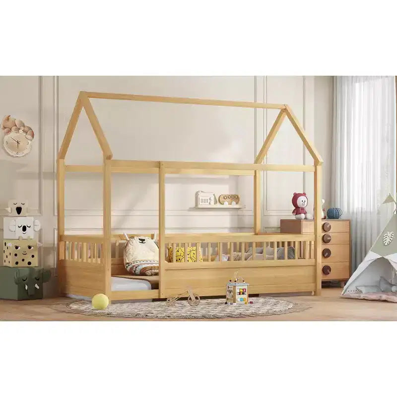 Letto Montessori a Pavimento singolo con Sponda Alta, Letto a Casetta per Bambini, Naturale