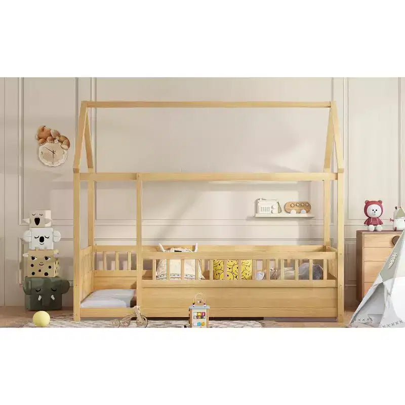 Letto Montessori a Pavimento singolo con Sponda Alta, Letto a Casetta per Bambini, Naturale