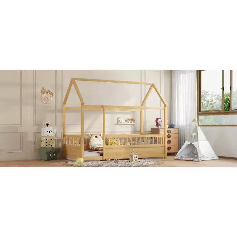 Letto Montessori a Pavimento singolo con Sponda Alta, Letto a Casetta per Bambini, Naturale