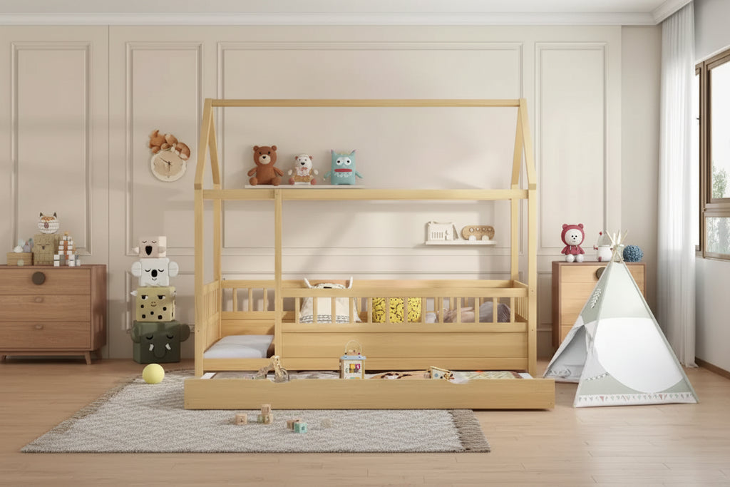 Letto Montessori a Pavimento singolo con Sponda Alta, Letto a Casetta per Bambini, Naturale