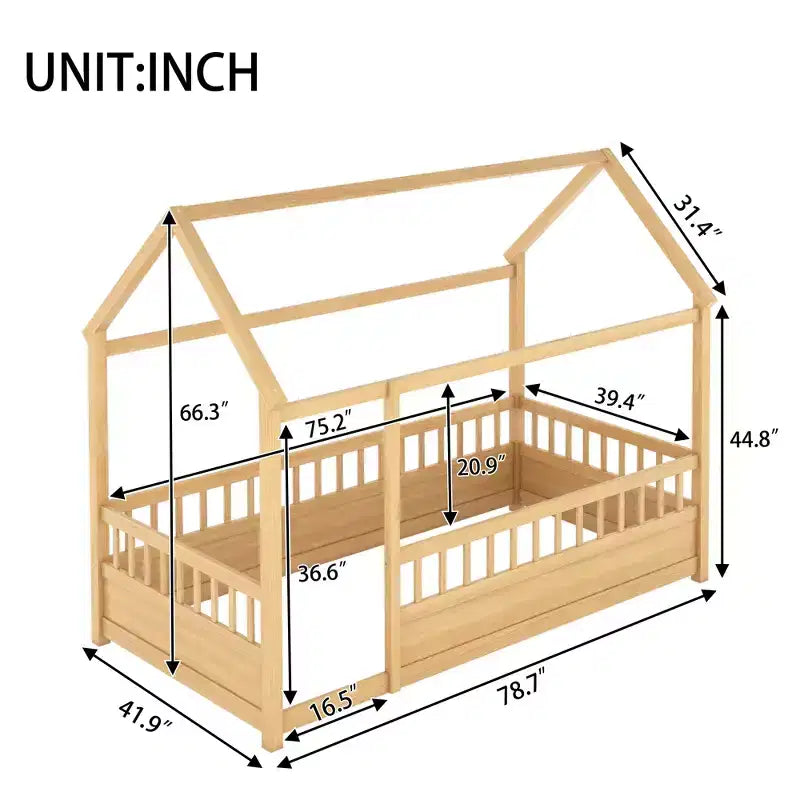 Letto Montessori a Pavimento singolo con Sponda Alta, Letto a Casetta per Bambini, Naturale