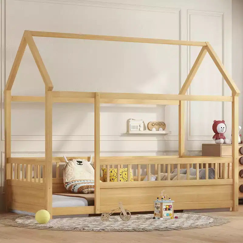 Letto Montessori a Pavimento singolo con Sponda Alta, Letto a Casetta per Bambini, Naturale