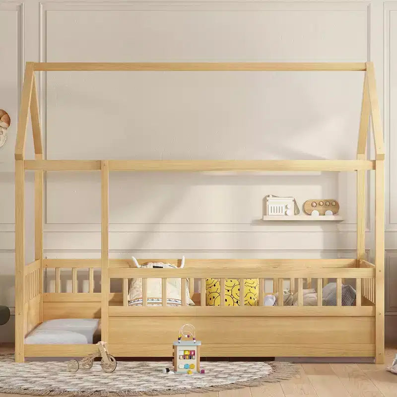 Letto Montessori a Pavimento singolo con Sponda Alta, Letto a Casetta per Bambini, Naturale
