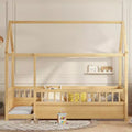 Letto Montessori a Pavimento singolo con Sponda Alta, Letto a Casetta per Bambini, Naturale