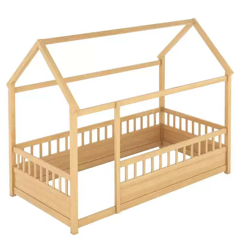Letto Montessori a Pavimento singolo con Sponda Alta, Letto a Casetta per Bambini, Naturale