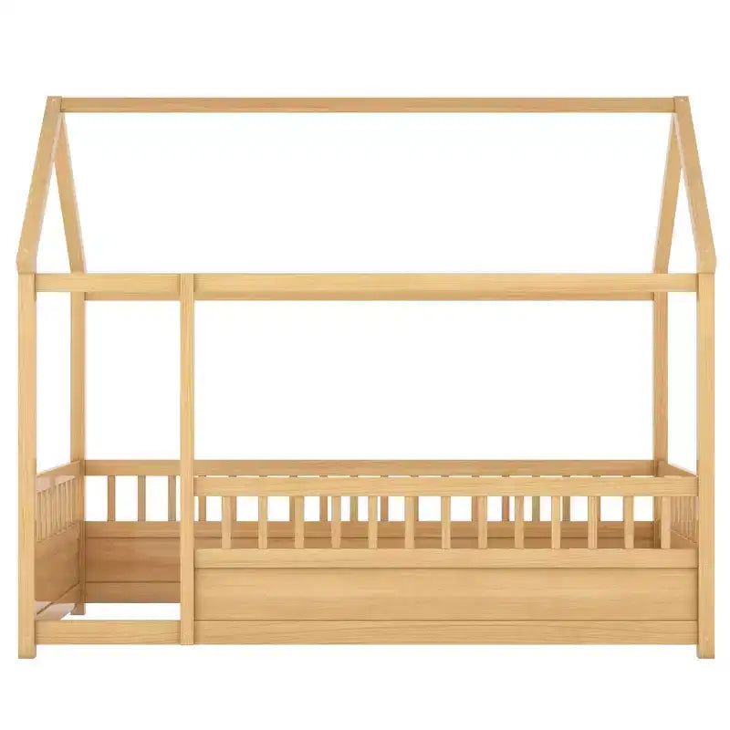 Letto Montessori a Pavimento singolo con Sponda Alta, Letto a Casetta per Bambini, Naturale