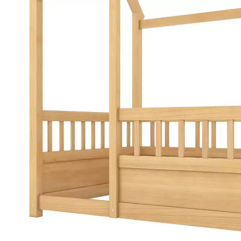 Letto Montessori a Pavimento singolo con Sponda Alta, Letto a Casetta per Bambini, Naturale