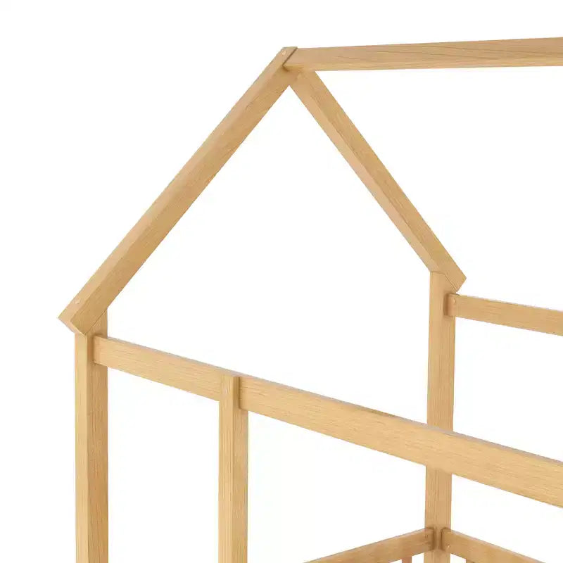 Letto Montessori a Pavimento singolo con Sponda Alta, Letto a Casetta per Bambini, Naturale