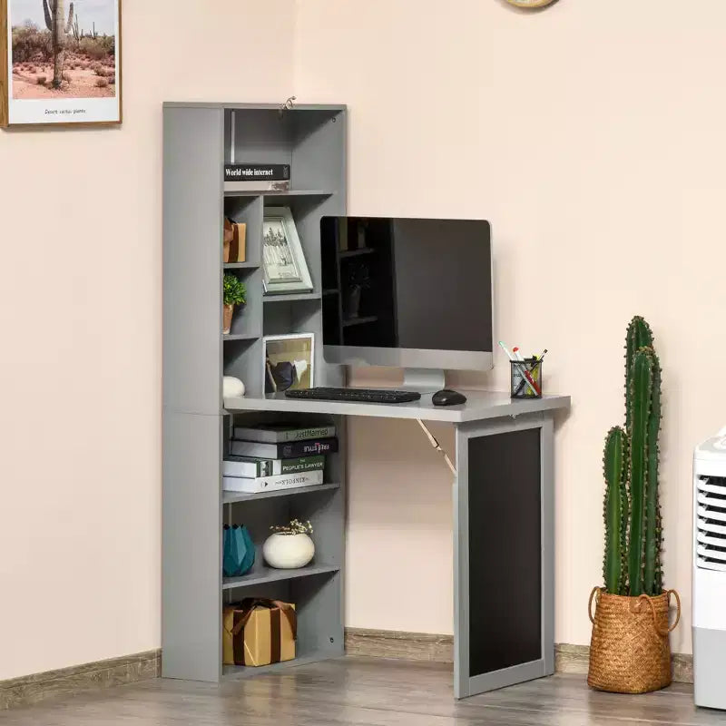 GDFStudio Cordoba Foldable Wall-Mounted Home Office Desk with Blackboard and Storage Shelves