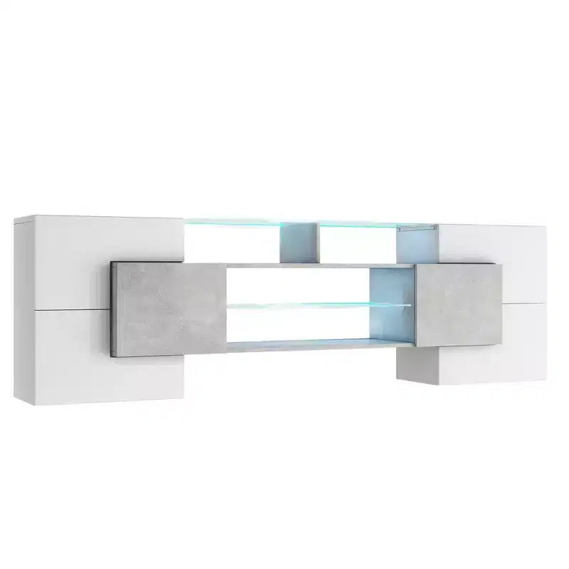 Mobile TV 88" in finitura lucida con 2 ripiani in vetro illuminati e luci LED, grigio