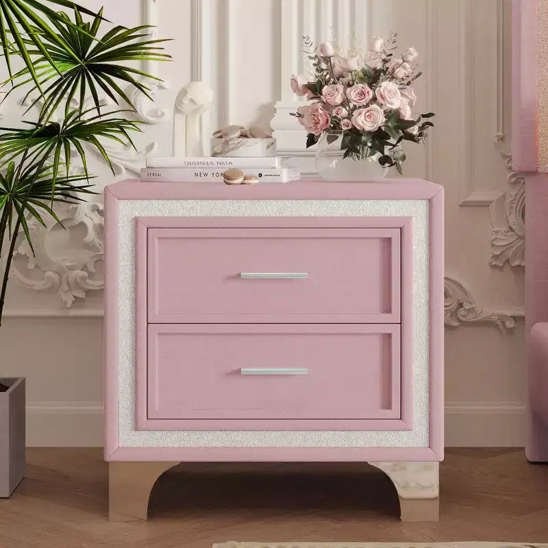 Bellemave Mid Century Velvet Nightstand with 2 Drawers, Modern Bedside Table with Silver Glitter Trim & Metal Legs, Pink