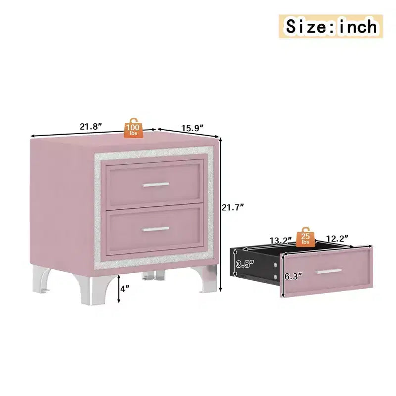 Comodino Mid-Century in Velluto con 2 Cassetti e Bordo Glitter Argento, Rosa
