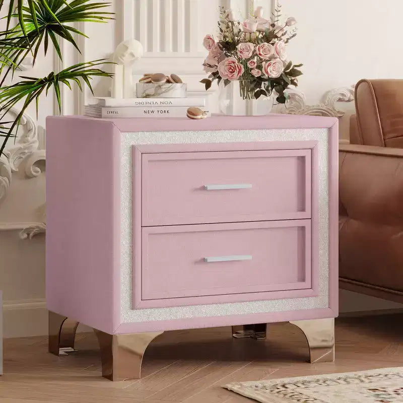 Comodino Mid-Century in Velluto con 2 Cassetti e Bordo Glitter Argento, Rosa